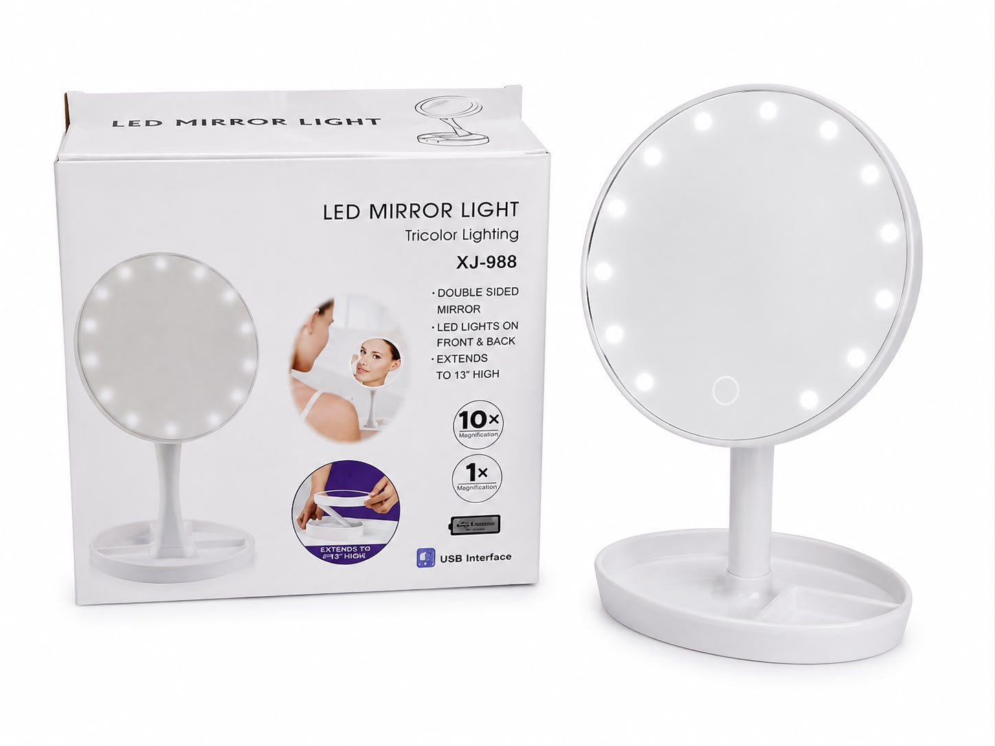 ESPEJO DOBLE CON LUZY AUMENTO USB
